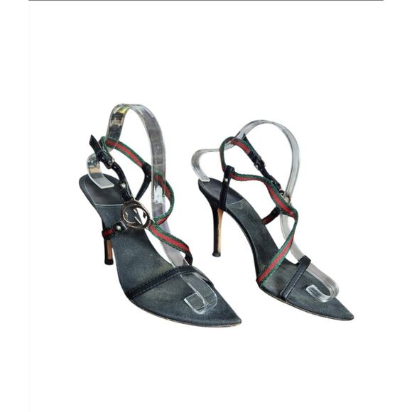 Gucci GG Logo Red Green Web Stripe Ankle Strap Heels Italy Women’s 7B - Picture 3 of 9